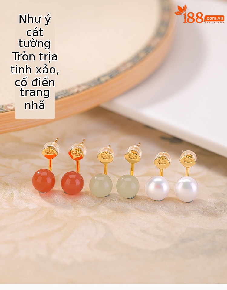 Khuyên tai bạc S925 mạ vàng đính đá thủy ngọc hồng mã não hình tròn — Thanh Thủy Ngọc chi tiết 1