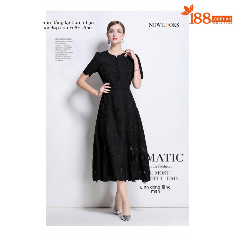 Đầm maxi nữ thắt eo cổ điển Pháp ren thêu họa tiết tay ngắn — màu đen, xanh nhạt, màu hồng, Xanh da trời nhạtcolor