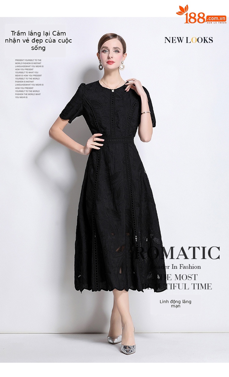 Đầm maxi nữ thắt eo cổ điển Pháp ren thêu họa tiết tay ngắn — màu đen, xanh nhạt, màu hồng, Xanh da trời nhạtcolor chi tiết 1