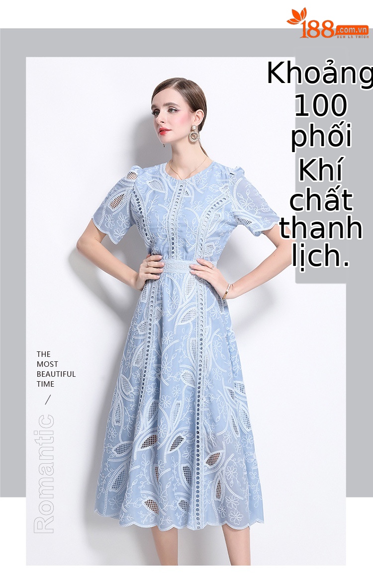 Đầm maxi nữ thắt eo cổ điển Pháp ren thêu họa tiết tay ngắn — màu đen, xanh nhạt, màu hồng, Xanh da trời nhạtcolor chi tiết 7