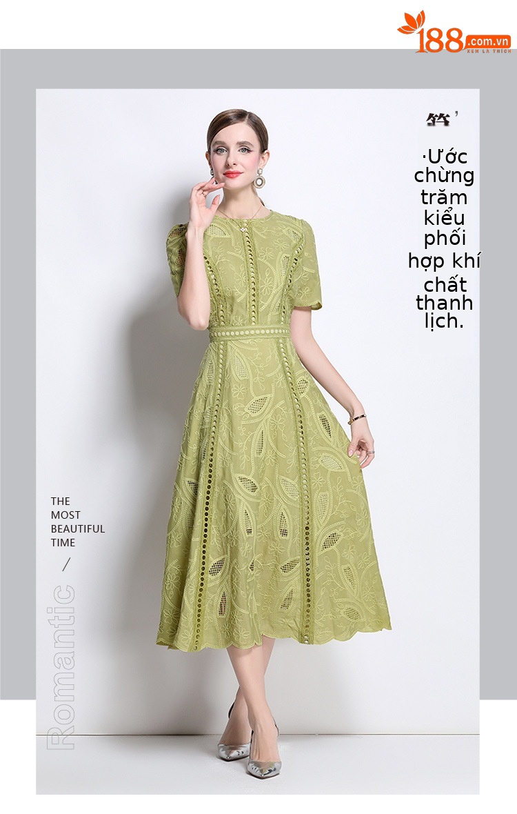 Đầm maxi nữ thắt eo cổ điển Pháp ren thêu họa tiết tay ngắn — màu đen, xanh nhạt, màu hồng, Xanh da trời nhạtcolor chi tiết 11
