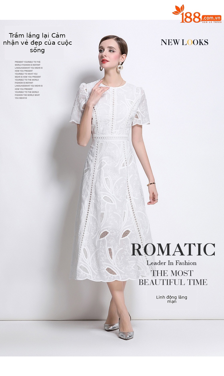 Đầm maxi nữ thắt eo cổ điển Pháp ren thêu họa tiết tay ngắn — màu đen, xanh nhạt, màu hồng, Xanh da trời nhạtcolor chi tiết 16