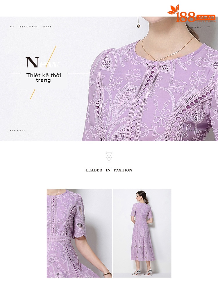 Đầm maxi nữ thắt eo cổ điển Pháp ren thêu họa tiết tay ngắn — màu đen, xanh nhạt, màu hồng, Xanh da trời nhạtcolor chi tiết 23