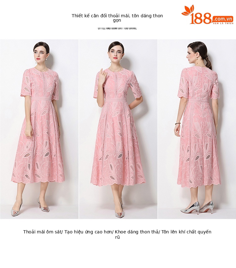Đầm maxi nữ thắt eo cổ điển Pháp ren thêu họa tiết tay ngắn — màu đen, xanh nhạt, màu hồng, Xanh da trời nhạtcolor chi tiết 28
