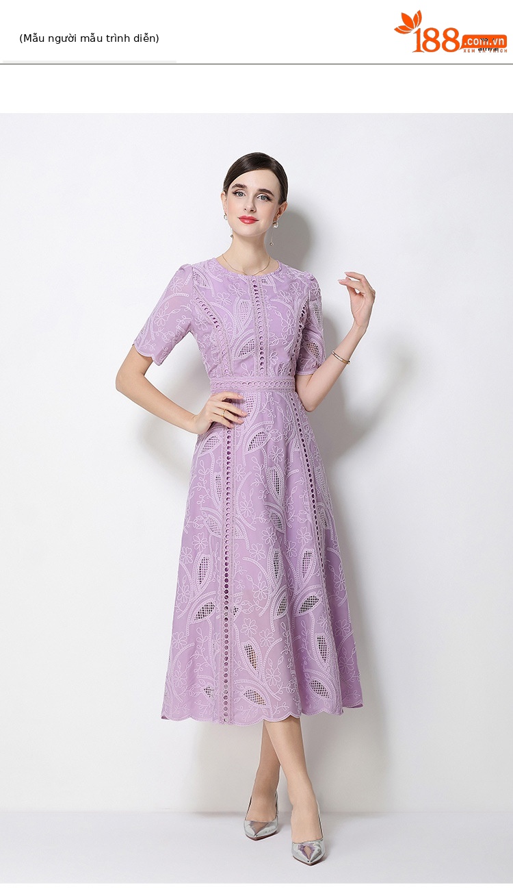 Đầm maxi nữ thắt eo cổ điển Pháp ren thêu họa tiết tay ngắn — màu đen, xanh nhạt, màu hồng, Xanh da trời nhạtcolor chi tiết 33