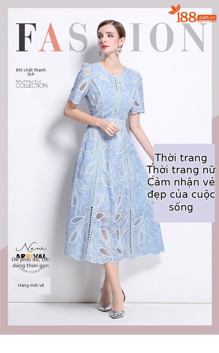 Đầm maxi nữ thắt eo cổ điển Pháp ren thêu họa tiết tay ngắn — màu đen, xanh nhạt, màu hồng, Xanh da trời nhạtcolor chi tiết 6