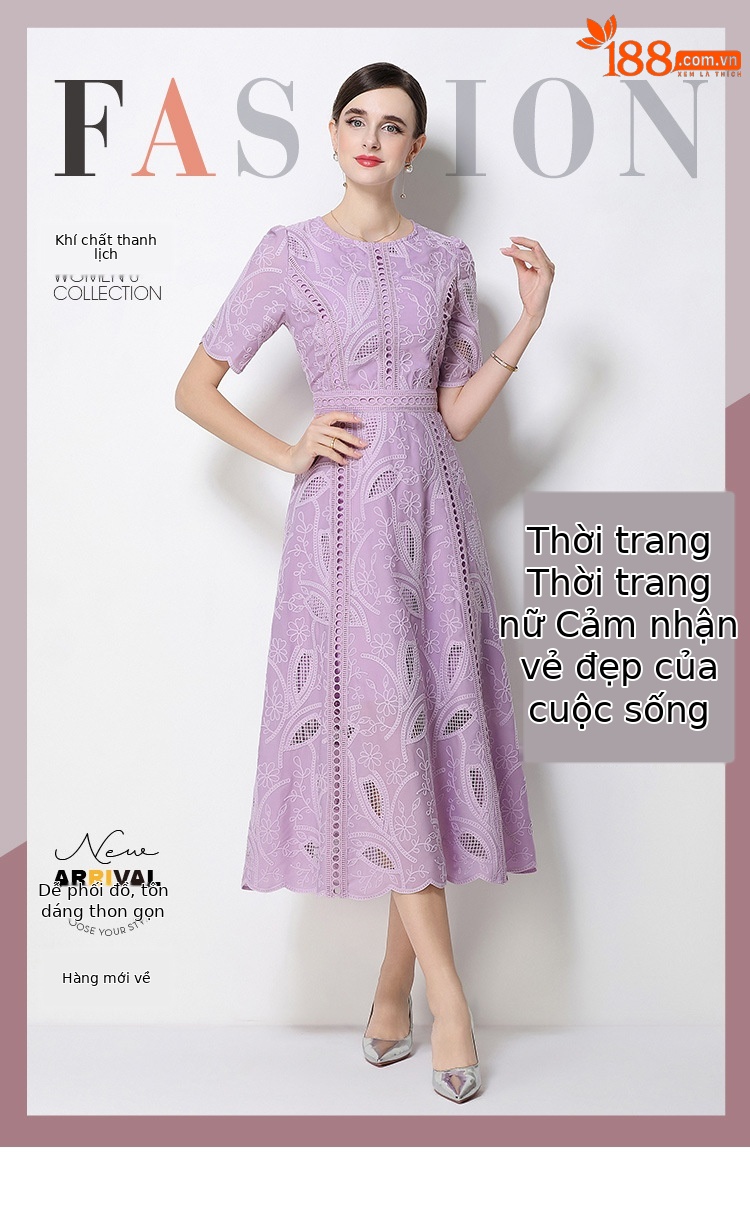 Đầm maxi nữ thắt eo cổ điển Pháp ren thêu họa tiết tay ngắn — màu đen, xanh nhạt, màu hồng, Xanh da trời nhạtcolor chi tiết 22