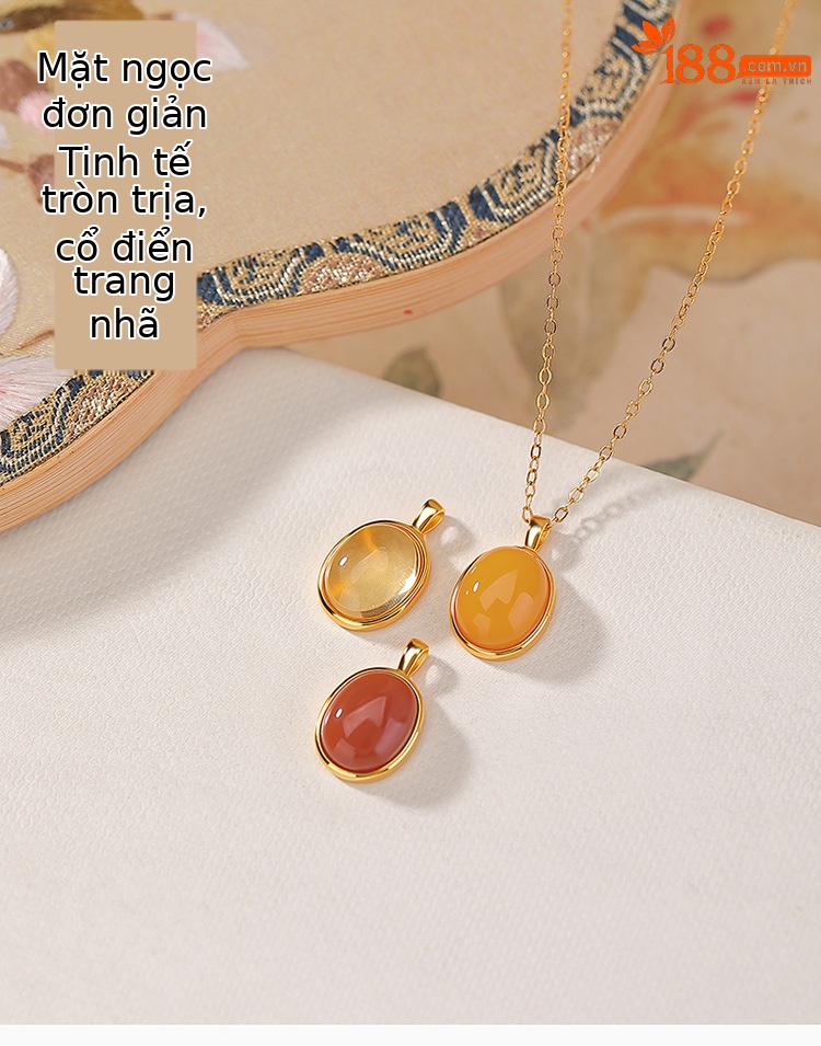 Mặt dây chuyền bạc S925 mạ vàng hình oval đính đá mã não đỏ phong cách tối giản — Mã não đỏ (mặt dây chuyền đơn) chi tiết 1