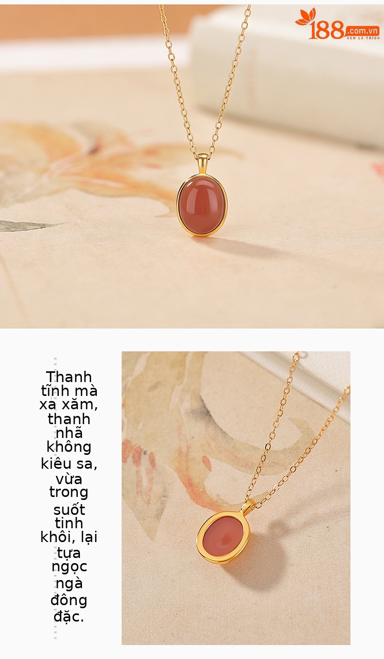 Mặt dây chuyền bạc S925 mạ vàng hình oval đính đá mã não đỏ phong cách tối giản — Mã não đỏ (mặt dây chuyền đơn) chi tiết 3