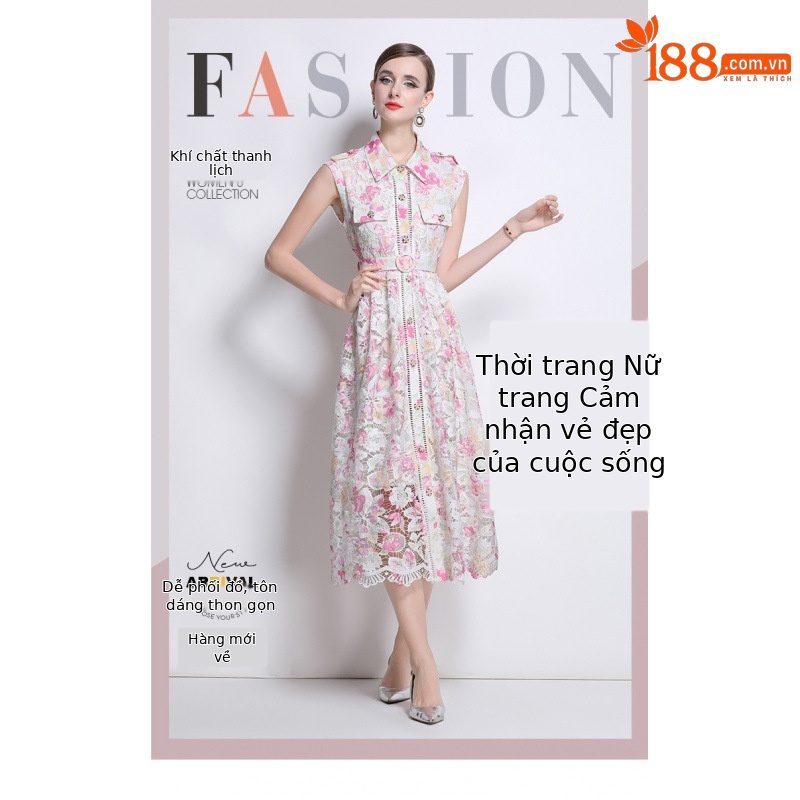 Đầm maxi ren móc hoa phong cách Pháp thắt eo khuy đơn dáng dài — màu sắc, Màu xanh lá cây