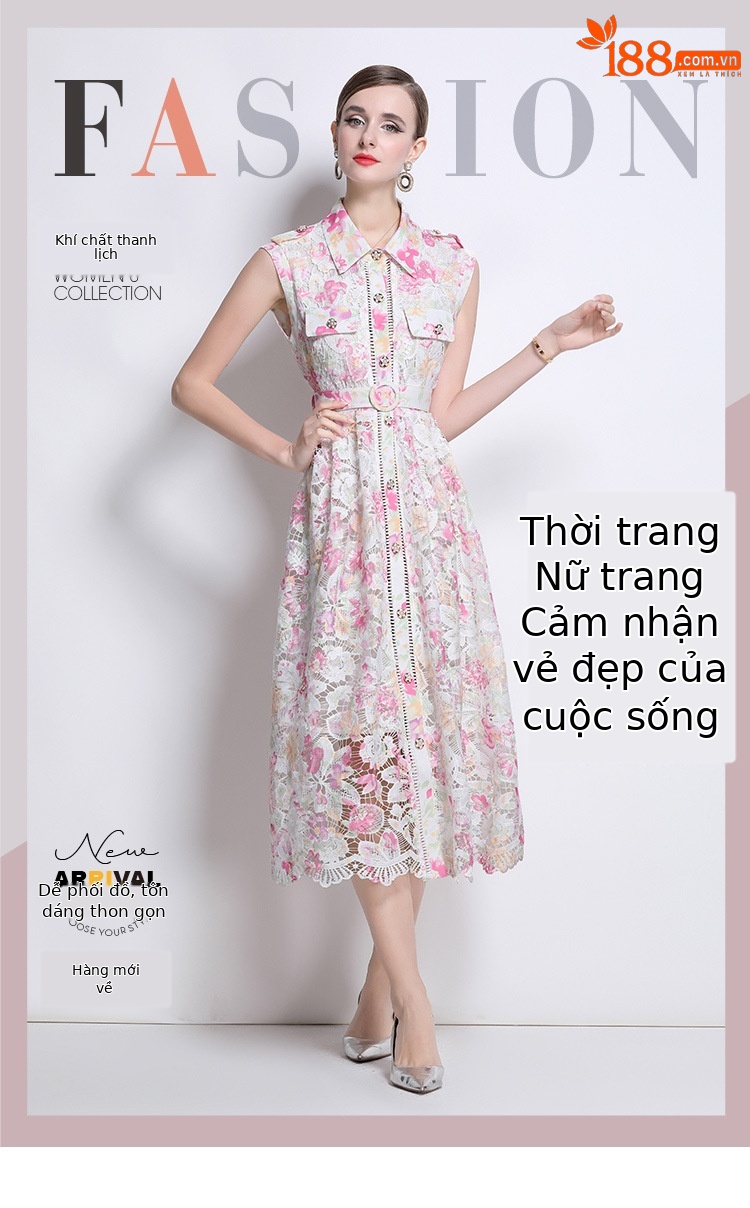 Đầm maxi ren móc hoa phong cách Pháp thắt eo khuy đơn dáng dài — màu sắc, Màu xanh lá cây chi tiết 1