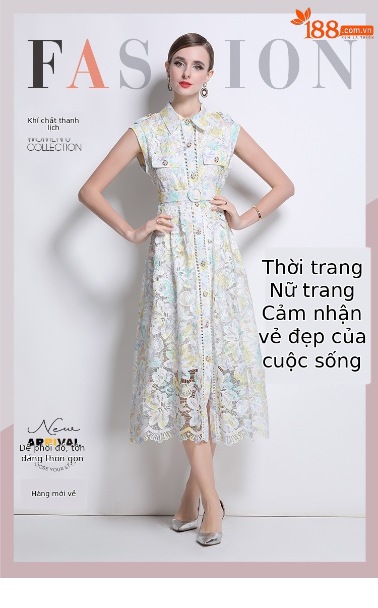 Đầm maxi ren móc hoa phong cách Pháp thắt eo khuy đơn dáng dài — màu sắc, Màu xanh lá cây chi tiết 10
