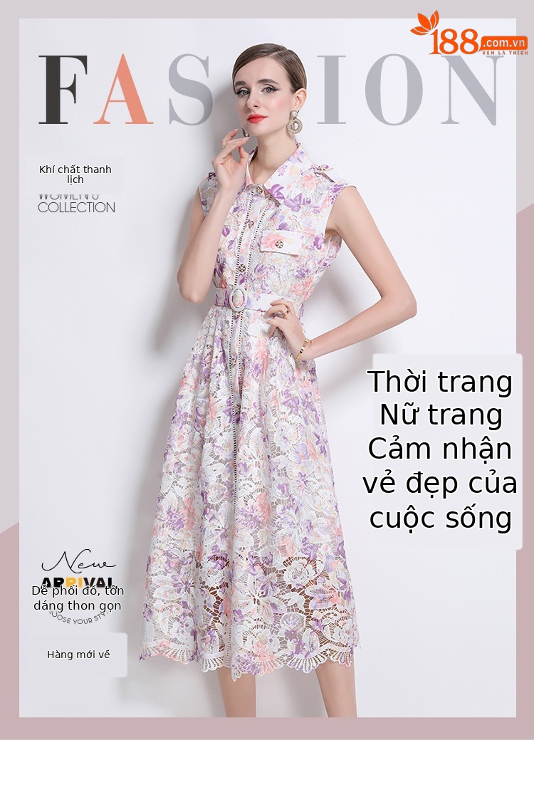 Đầm maxi ren móc hoa phong cách Pháp thắt eo khuy đơn dáng dài — màu sắc, Màu xanh lá cây chi tiết 19