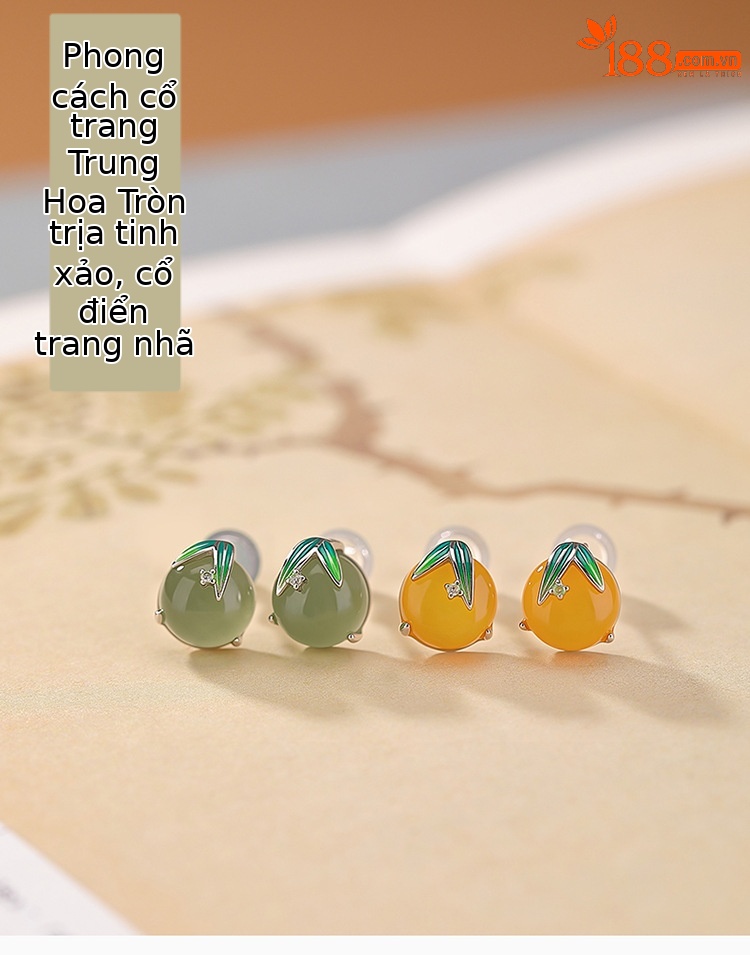 Bông tai bạc S925 đính ngọc bích thiên nhiên và hổ phách phong cách quốc phong — Màu hổ phách chi tiết 1