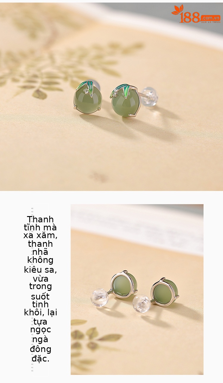 Bông tai bạc S925 đính ngọc bích thiên nhiên và hổ phách phong cách quốc phong — Màu hổ phách chi tiết 3
