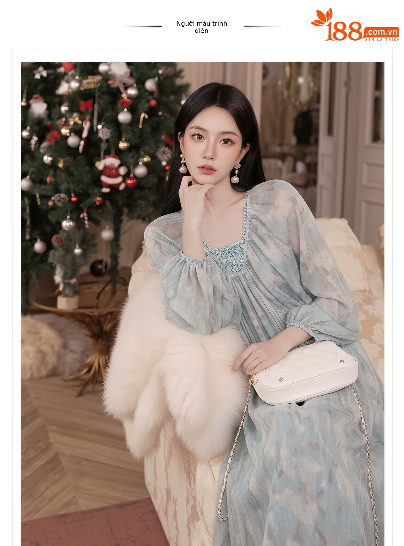 Đầm maxi nữ thắt eo phong cách Tân Trung Hoa in họa tiết thêu ren — xanh lam chi tiết 1