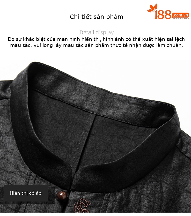 Áo thun nam tay ngắn cổ đứng rộng phong cách thời Đường, chất lụa mềm mát — Da đen 2695 chi tiết 13