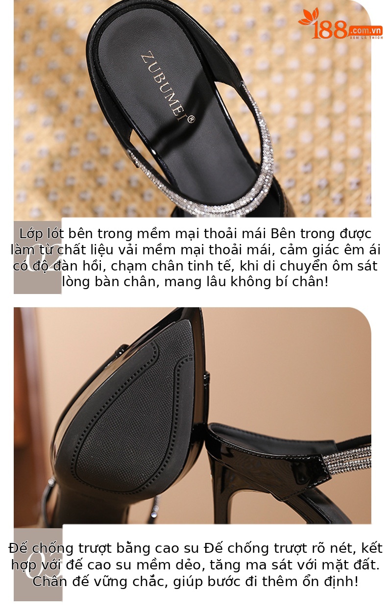 Sandal cao gót nữ mũi nhọn hở mũi đế platform gót 12 cm đính đá pha lê — Màu da-12cm chi tiết 3