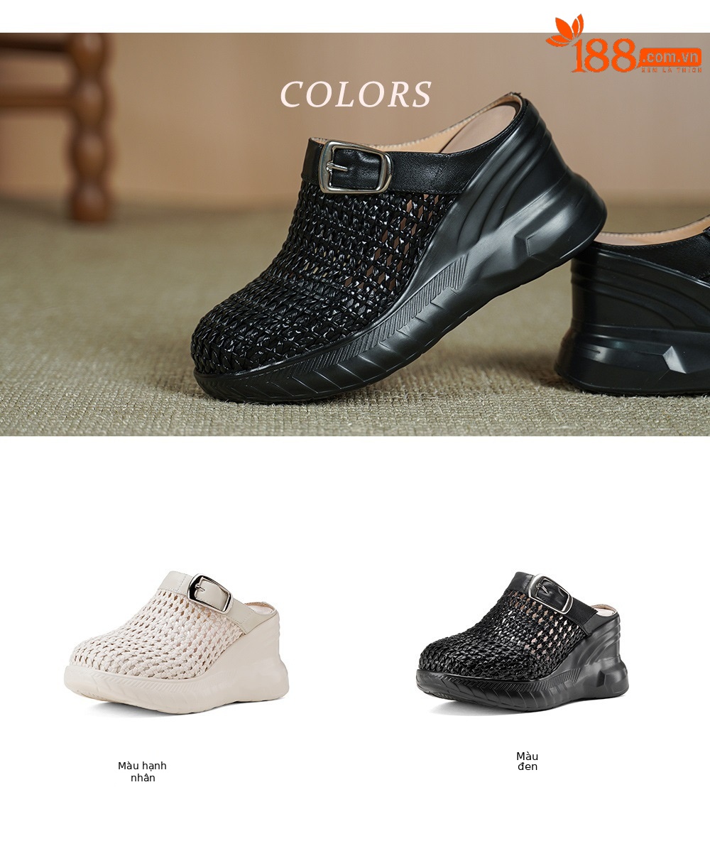 Sandal cao gót nữ mũi hở đế xuồng 8.5cm da thật kiểu La Mã đan lưới — màu đen, màu mơ chi tiết 2