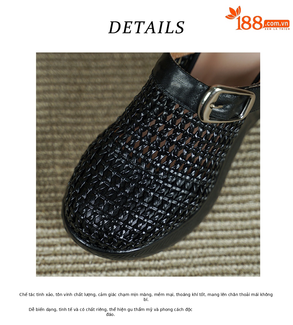 Sandal cao gót nữ mũi hở đế xuồng 8.5cm da thật kiểu La Mã đan lưới — màu đen, màu mơ chi tiết 16