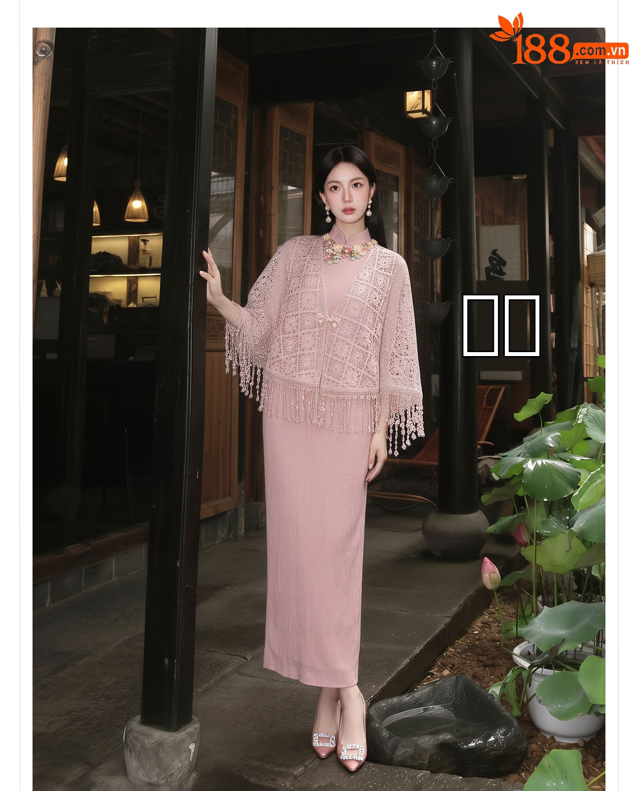 Bộ váy đầm maxi thắt eo kiểu Trung Hoa cải tiến kèm áo khoác choàng tua rua — Trang chủ, bộ đồ, váy liền, váy xanh chi tiết 21