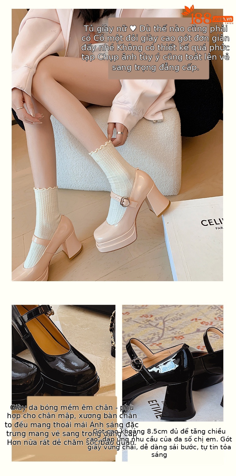 Giày cao gót Mary Jane đế xuồng mũi vuông phong cách cổ điển — Trần truồng hồng, màu đen, màu đỏ chi tiết 3