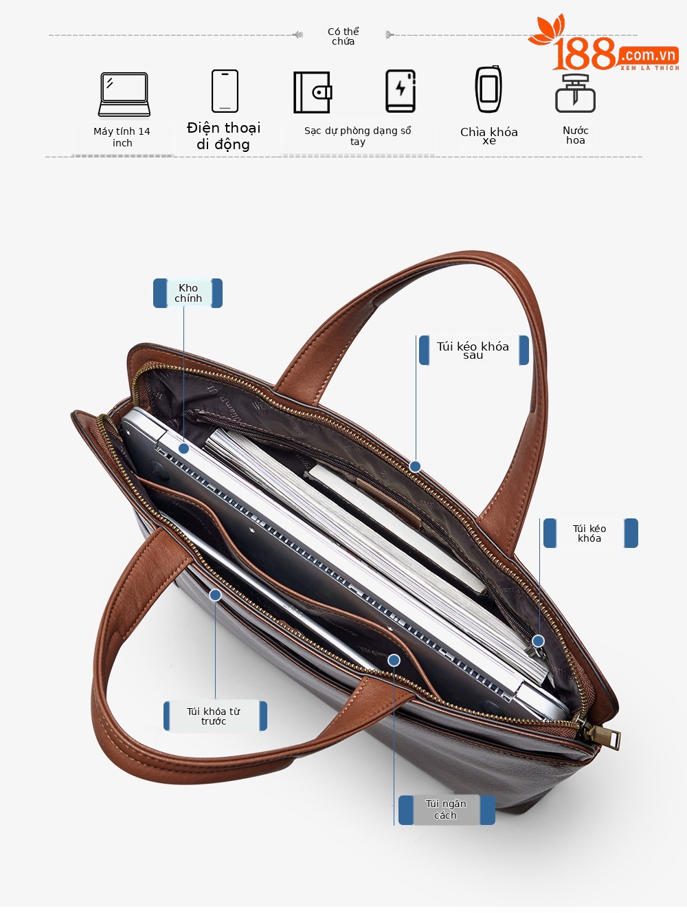 Túi xách nam da bò vintage tote bag đựng laptop công suất lớn chi tiết 3