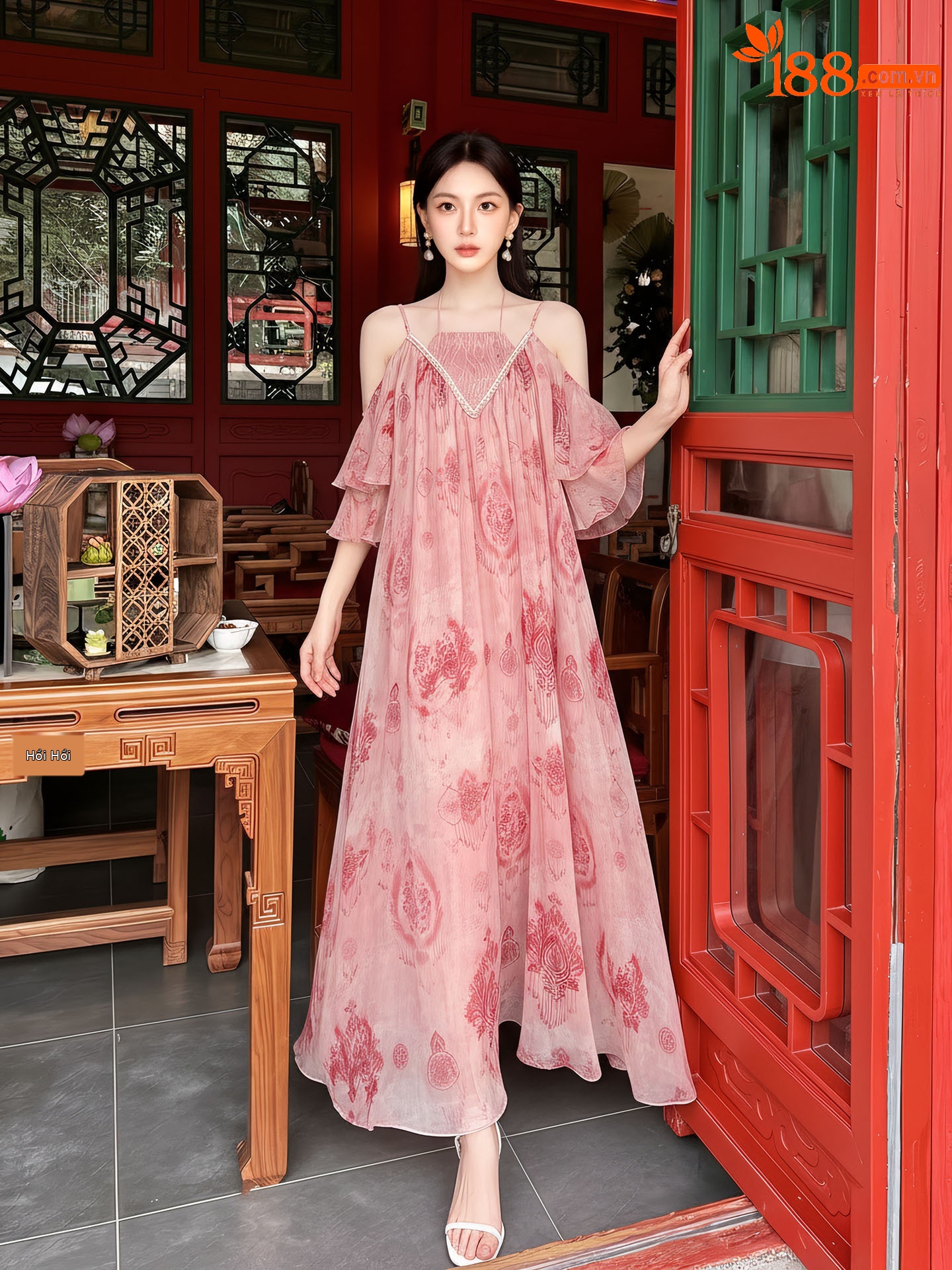 Đầm maxi nữ thắt eo ren cổ yếm phong cách Tây Mễ Á — Bột Lệ, Thuốc lá xanh