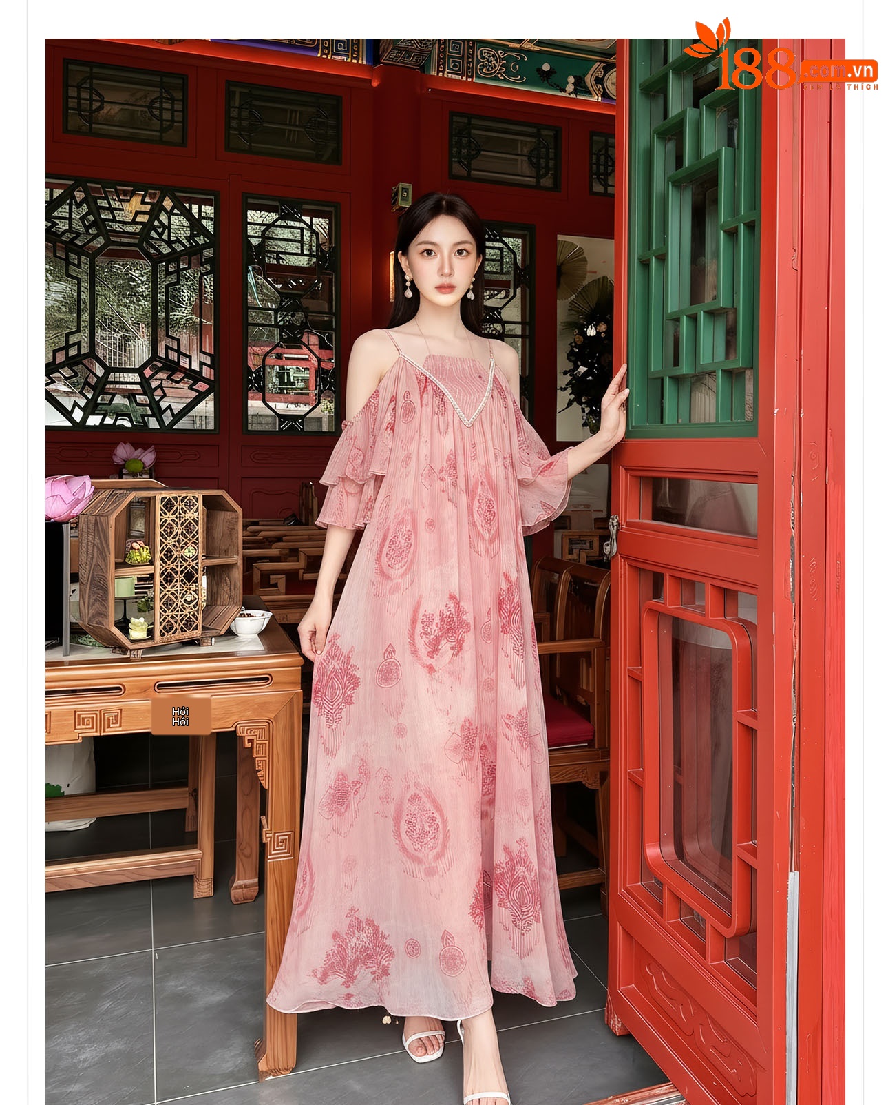 Đầm maxi nữ thắt eo ren cổ yếm phong cách Tây Mễ Á — Bột Lệ, Thuốc lá xanh chi tiết 6