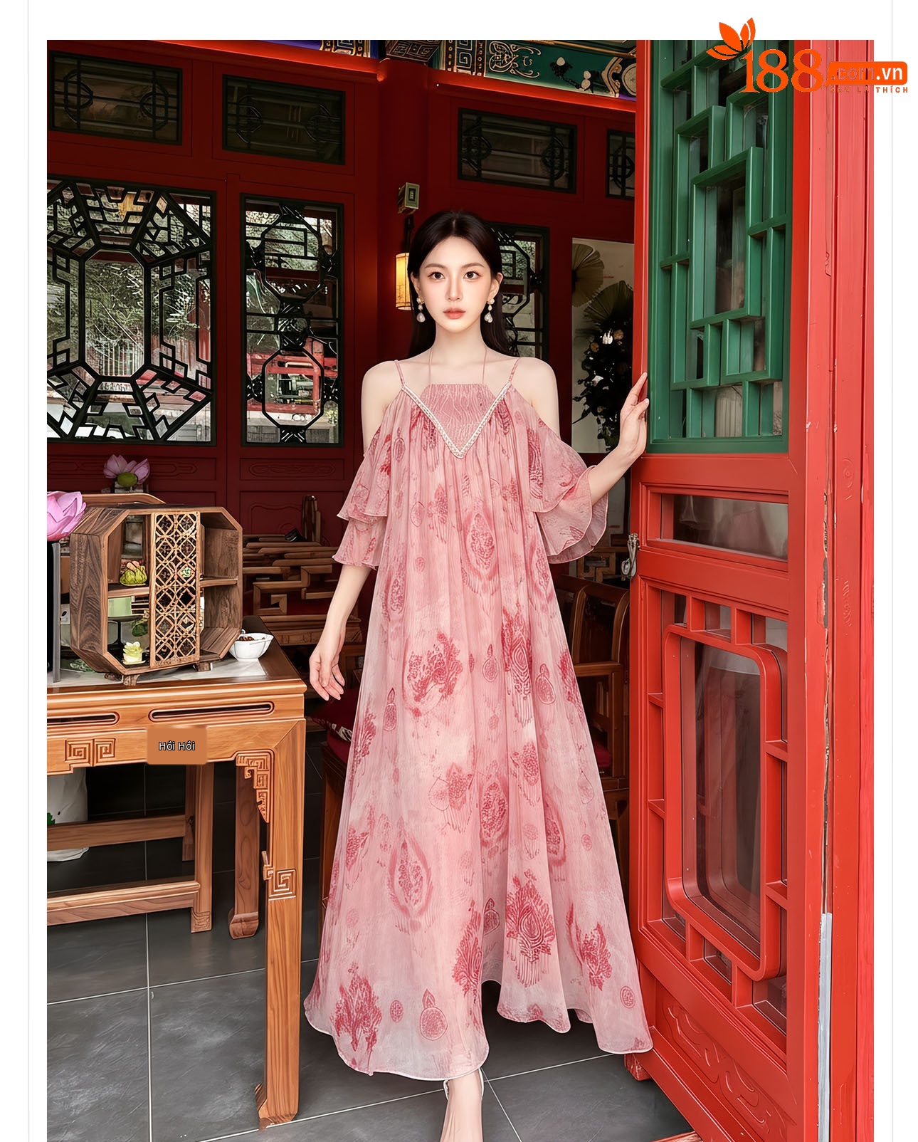 Đầm maxi nữ thắt eo ren cổ yếm phong cách Tây Mễ Á — Bột Lệ, Thuốc lá xanh chi tiết 7