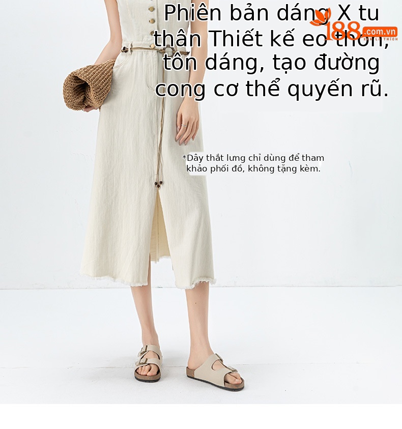 Đầm maxi nữ không tay cổ tròn phong cách Pháp chất jean mềm — màu trắng chi tiết 11