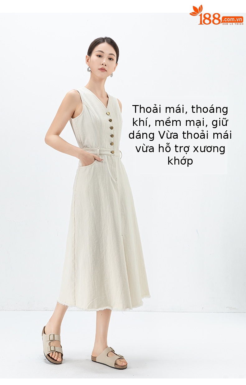 Đầm maxi nữ không tay cổ tròn phong cách Pháp chất jean mềm — màu trắng chi tiết 12