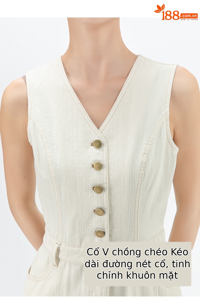 Đầm maxi nữ không tay cổ tròn phong cách Pháp chất jean mềm — màu trắng chi tiết 13