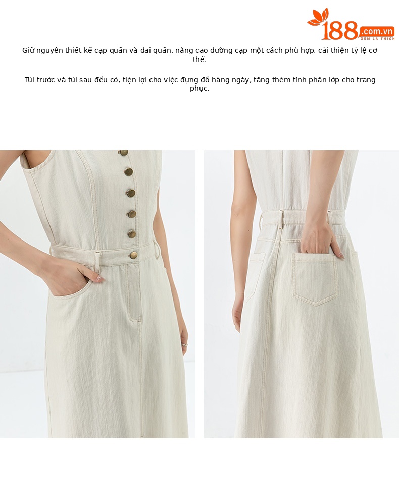 Đầm maxi nữ không tay cổ tròn phong cách Pháp chất jean mềm — màu trắng chi tiết 17