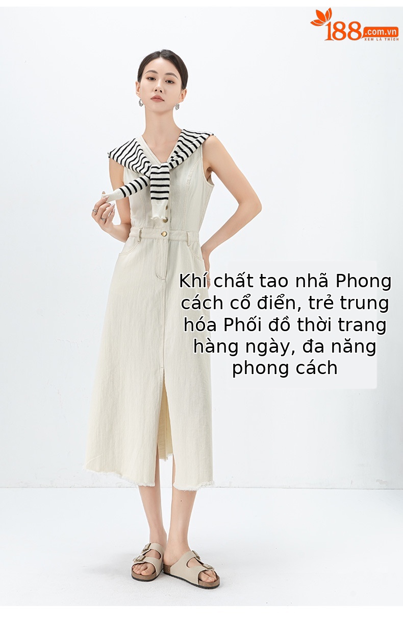 Đầm maxi nữ không tay cổ tròn phong cách Pháp chất jean mềm — màu trắng chi tiết 18
