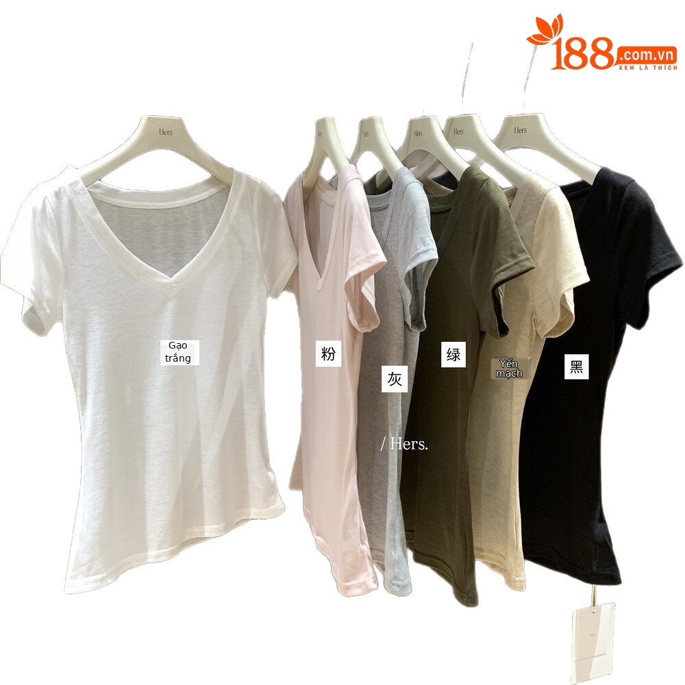 Áo thun nữ cổ V tay ngắn phong cách Hàn Quốc, form chuẩn vai, thiết kế đơn giản, mặc đẹp mọi dáng — màu đen, trắng ngà, màu hồng, xanh lá cây