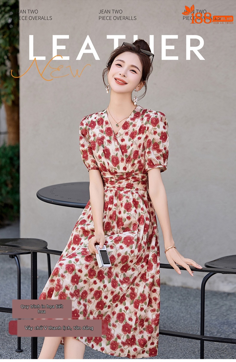 Đầm maxi nữ thắt eo cổ V in họa tiết thanh lịch — màu đỏ chi tiết 1