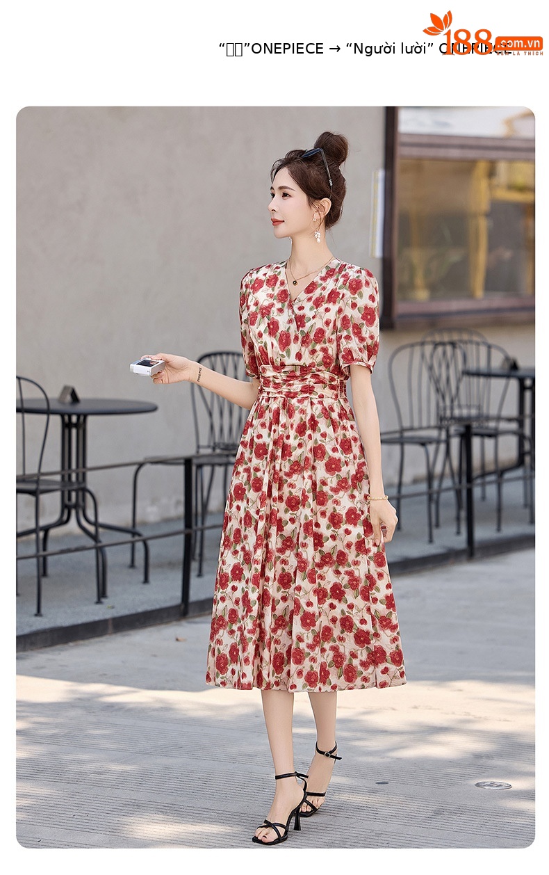Đầm maxi nữ thắt eo cổ V in họa tiết thanh lịch — màu đỏ chi tiết 5