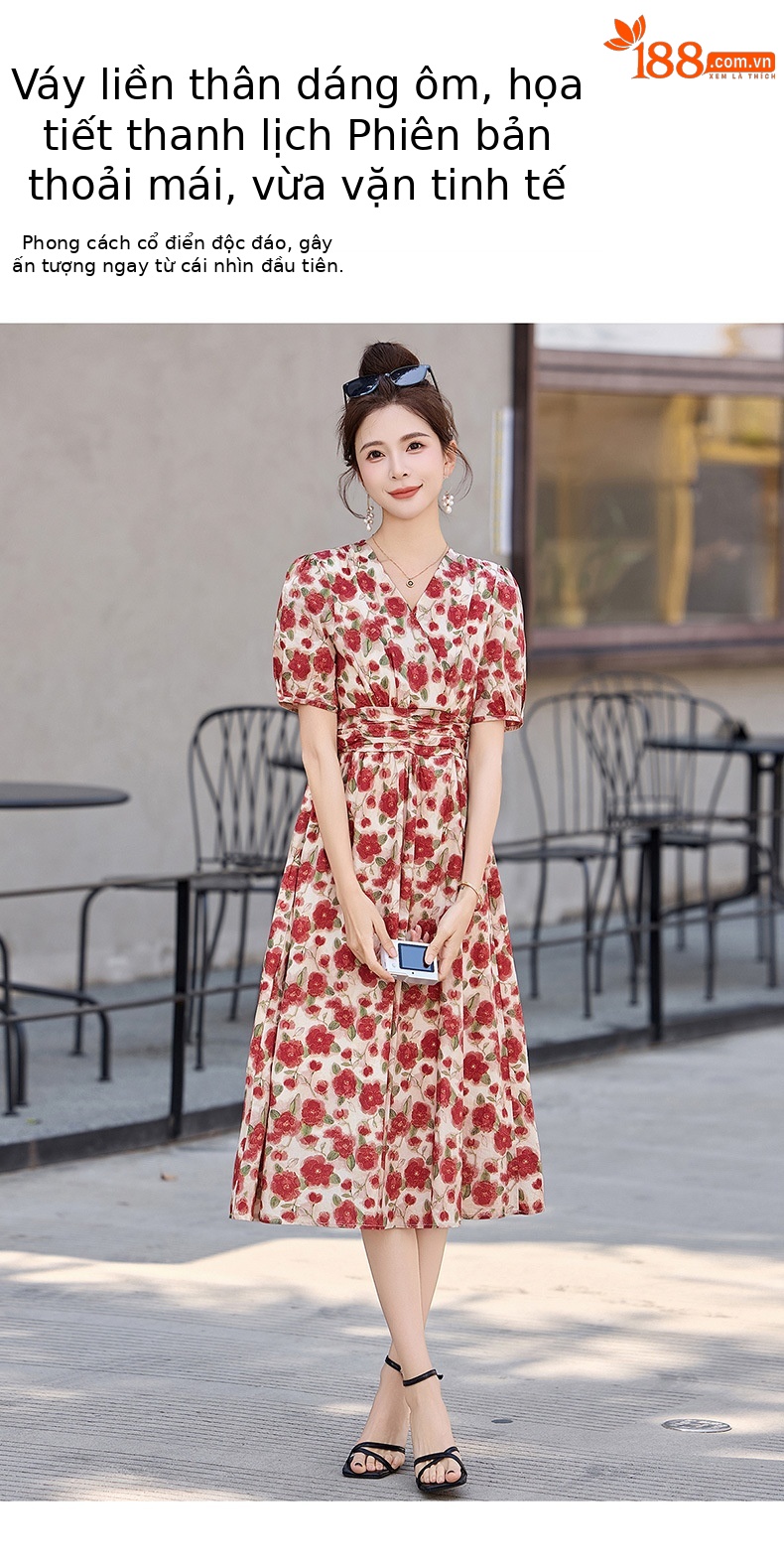 Đầm maxi nữ thắt eo cổ V in họa tiết thanh lịch — màu đỏ chi tiết 6