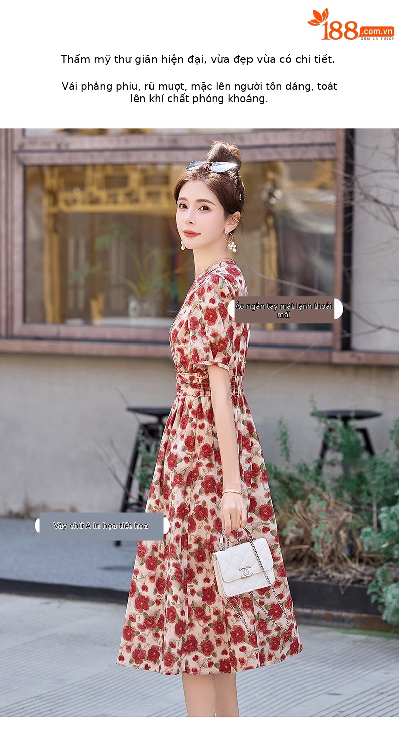 Đầm maxi nữ thắt eo cổ V in họa tiết thanh lịch — màu đỏ chi tiết 7