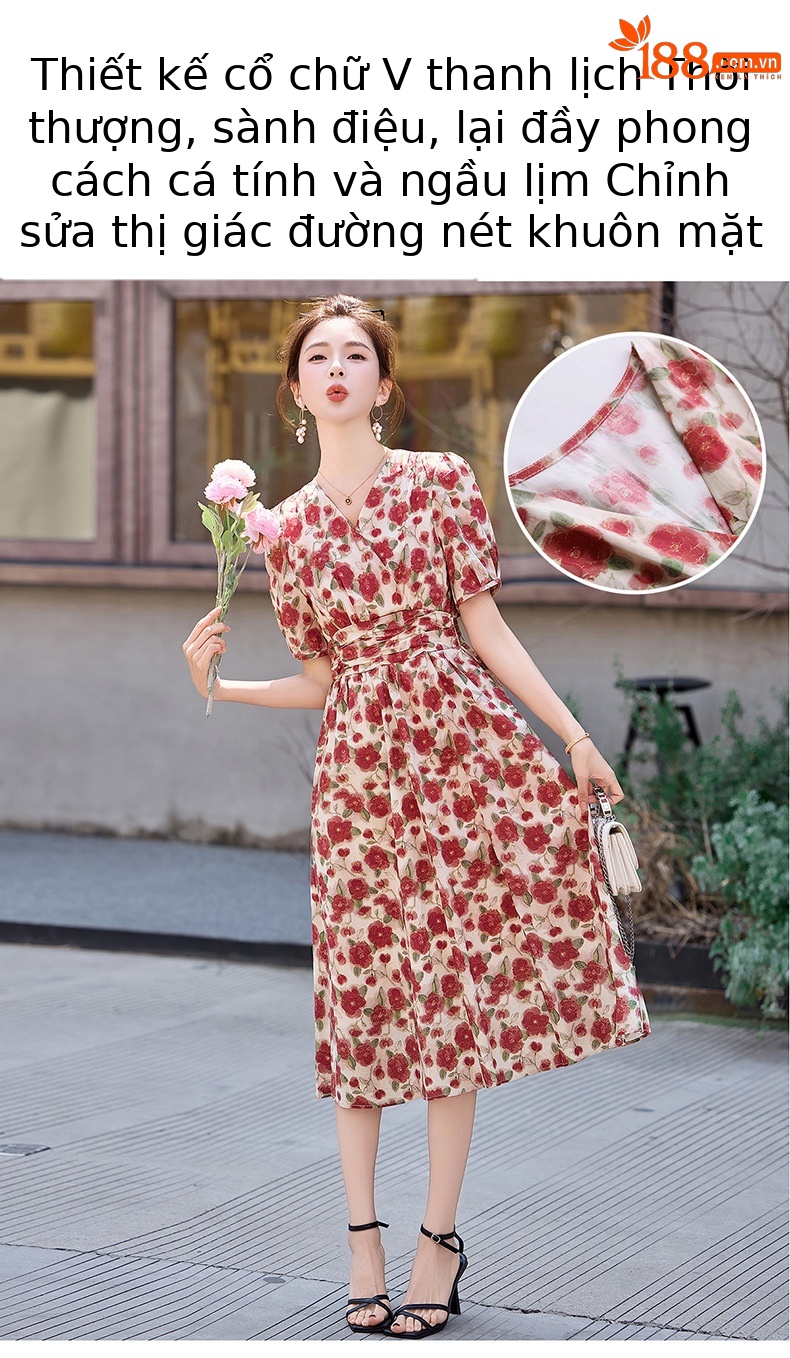 Đầm maxi nữ thắt eo cổ V in họa tiết thanh lịch — màu đỏ chi tiết 8