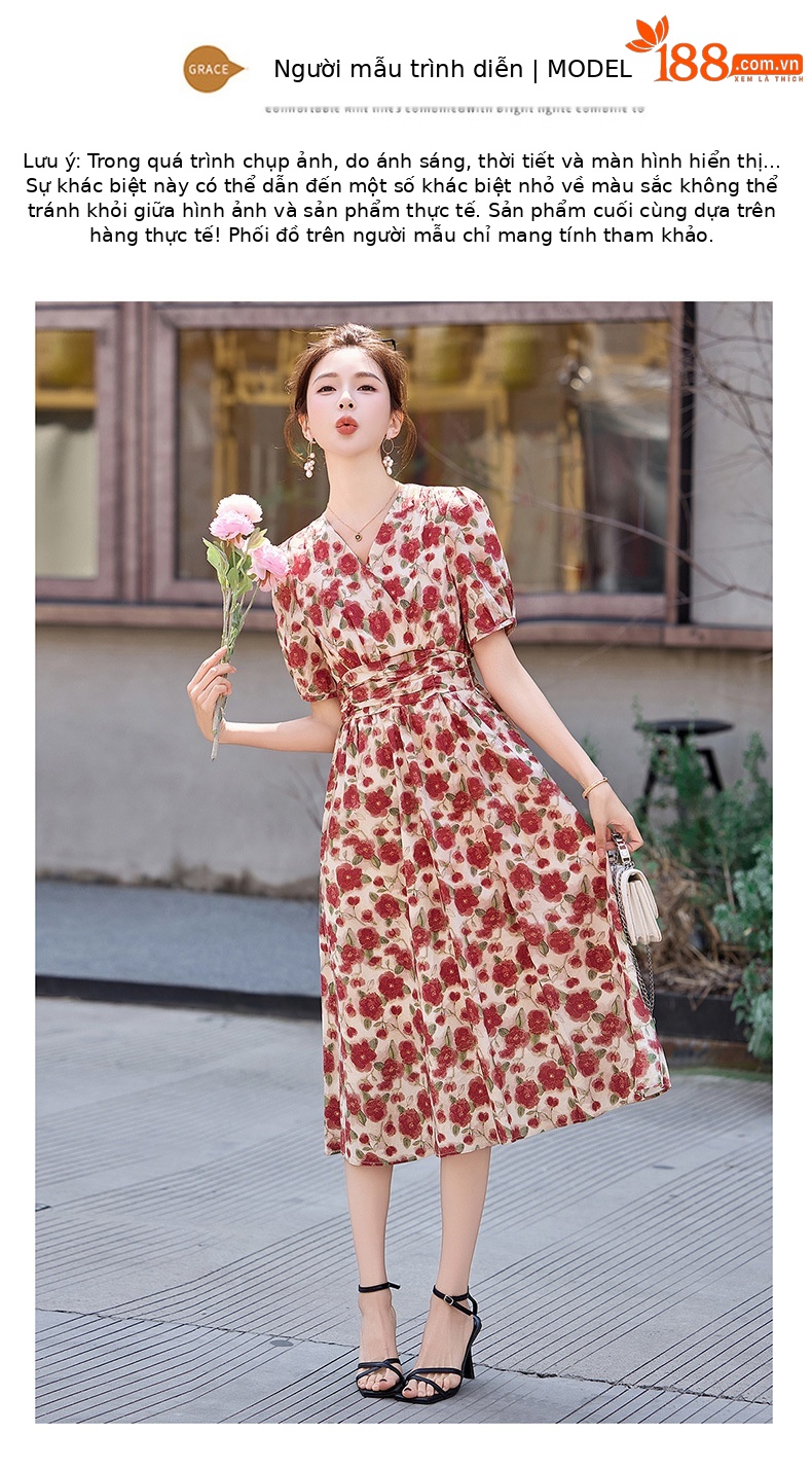 Đầm maxi nữ thắt eo cổ V in họa tiết thanh lịch — màu đỏ chi tiết 13