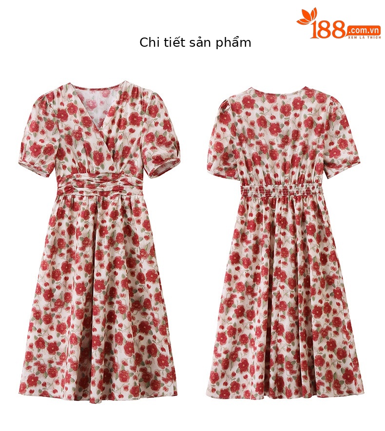 Đầm maxi nữ thắt eo cổ V in họa tiết thanh lịch — màu đỏ chi tiết 19