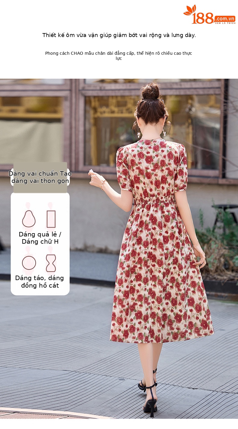 Đầm maxi nữ thắt eo cổ V in họa tiết thanh lịch — màu đỏ chi tiết 10
