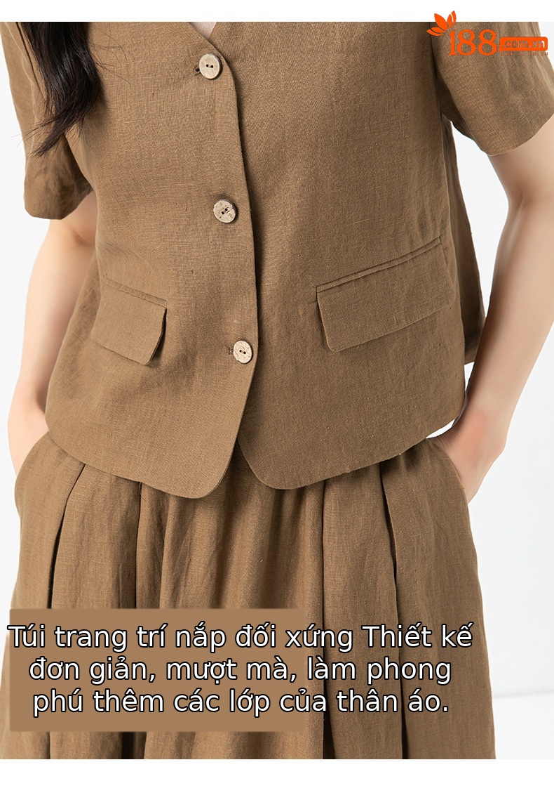 Bộ suit linen nữ áo vest ngắn tay kết hợp chân váy cao eo — Áo gi lê - 65427 kaki chi tiết 13