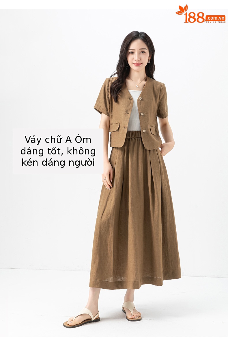 Bộ suit linen nữ áo vest ngắn tay kết hợp chân váy cao eo — Áo gi lê - 65427 kaki chi tiết 14