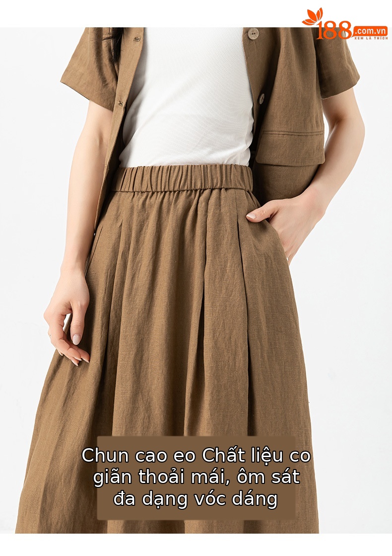 Bộ suit linen nữ áo vest ngắn tay kết hợp chân váy cao eo — Áo gi lê - 65427 kaki chi tiết 15