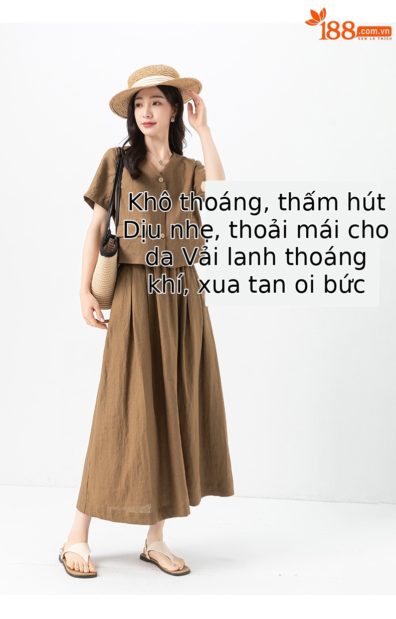 Bộ suit linen nữ áo vest ngắn tay kết hợp chân váy cao eo — Áo gi lê - 65427 kaki chi tiết 16