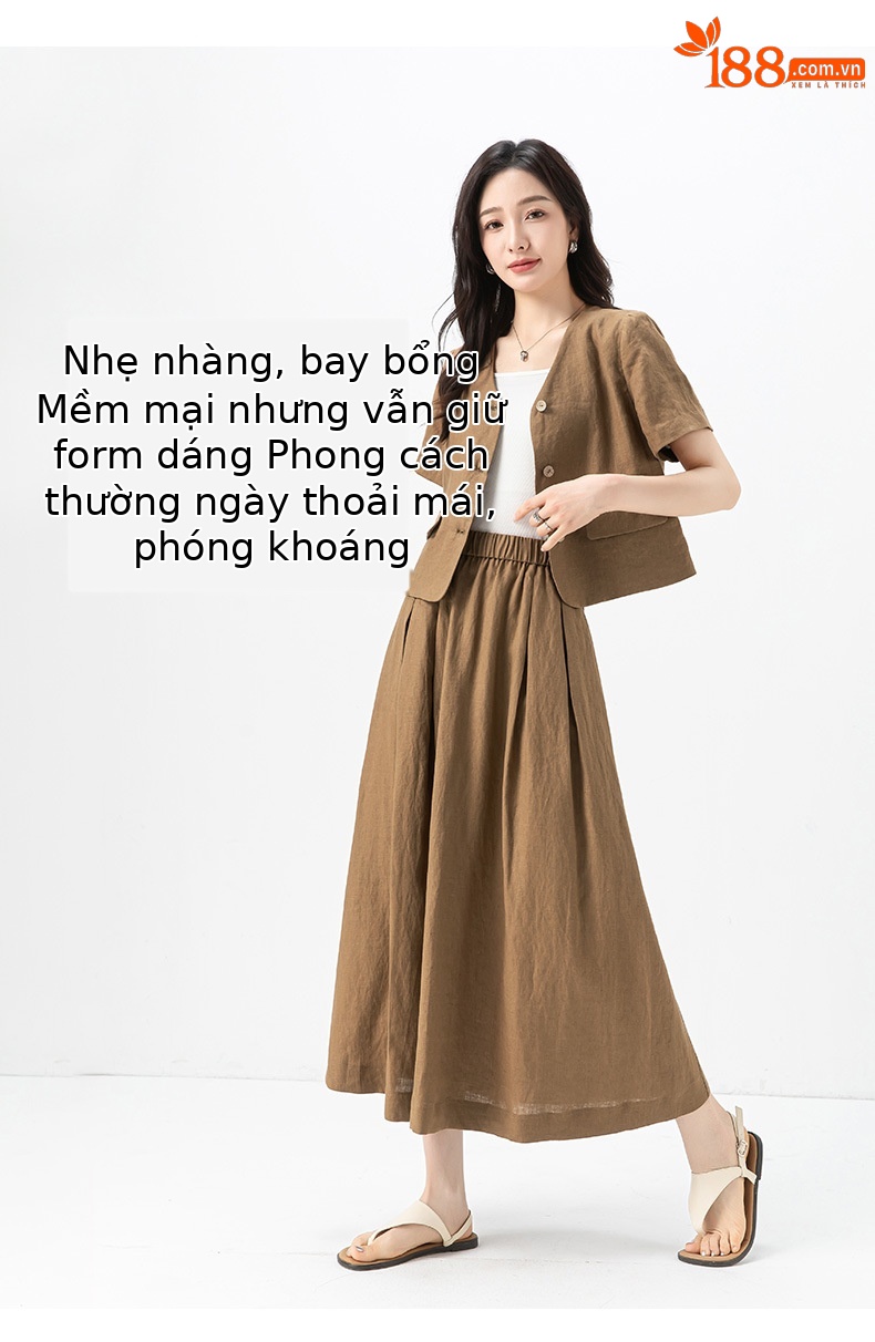 Bộ suit linen nữ áo vest ngắn tay kết hợp chân váy cao eo — Áo gi lê - 65427 kaki chi tiết 17