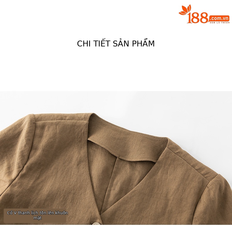 Bộ suit linen nữ áo vest ngắn tay kết hợp chân váy cao eo — Áo gi lê - 65427 kaki chi tiết 18